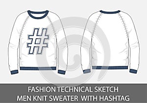 Fashion technical sketch men Knit Sweater with hashtag