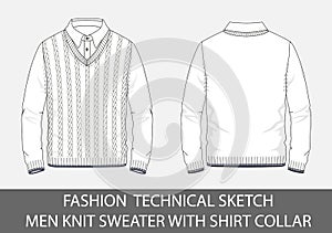 Fashion technical sketch men knit sweater with shirt collar