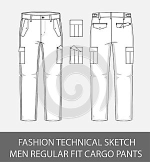 Fashion technical sketch men slim fit cargo pants with 2 patch pockets