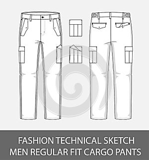Fashion technical sketch men slim fit cargo pants with 2 patch pockets photo
