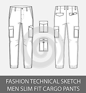 Fashion technical sketch men slim fit cargo pants with 2 patch pockets