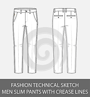 Fashion technical sketch men slim fit pants with crease lines