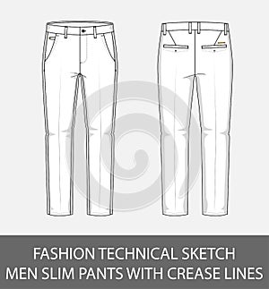 Fashion technical sketch men slim fit pants with crease lines