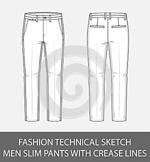 Fashion technical sketch men slim fit pants with crease lines