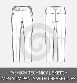 Fashion technical sketch men slim fit pants with crease lines photo