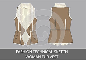 Fashion technical sketch woman fur vest