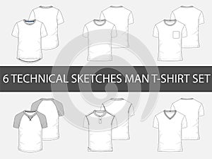 6 Fashion technical sketches of men`s T-Shirt photo