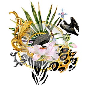 Fashion Textile coupon design with golden curl pelican, lotus, diamond, tropical flower, leopard skin