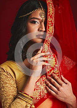 Fashion, traditional and portrait of Indian woman with veil in ethnic clothes, jewellery and sari. Religion, beauty and