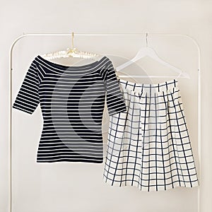 Fashion trend stripes. Blue top striped and white skirt in cell.