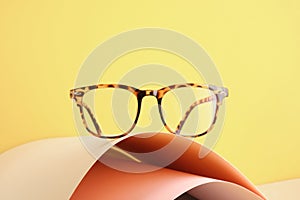 fashion trendy eyes glasses for correcting vision on a creative background, wave from paper, colorful background