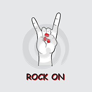 Fashion trendy lettering Rock on, rock`n`roll with hand with nail polish, print for t shirt, music festival logo, poster