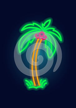 Fashion tropical neon sign. Night bright signboard, Glowing light leaf. Summer logo, emblem for Club or bar concept