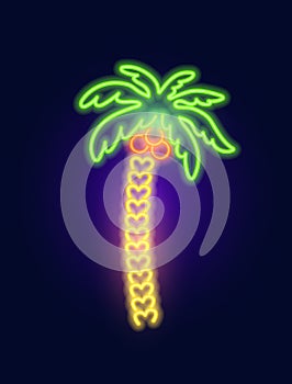 Fashion tropical neon sign. Night bright signboard, Glowing light leaf. Summer logo, emblem for Club or bar concept