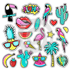 Fashion tropical patch badges with toucan, flamingo, parrot, exotic leaves, hearts, stars, lips, speech bubbles, pineapple. photo