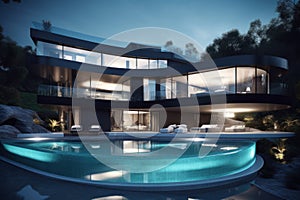 Fashion unusual house with pool. Generate Ai