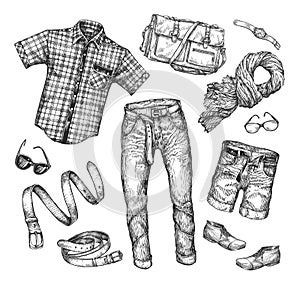 Fashion. Vector collection of men clothing. Hand-drawn sketch shirt, jacket, shorts, shoes, boots, jeans, pants, scarf