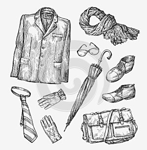 Fashion. Vector collection of men clothing. Hand-drawn sketch umbrella, tie, shoes, glasses, gloves, bag, scarf, jacket
