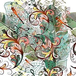 Fashion vector illustration with dragonflies, music notes and pl