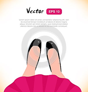 Fashion vector illustration of elegant girls legs. Woman in red dress and black shoes. View from above. View from the top.