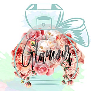 Fashion vector illustration with pink roses and bottle of perfum