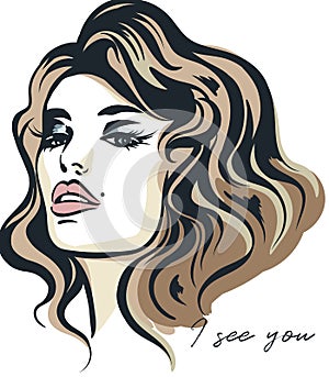 Fashion vector illustration, portrait of young woman with beautiful lips and eyes. I see you