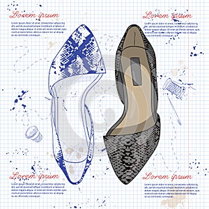 Fashion vector sketch womens shoes.