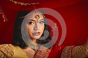 Fashion, veil and portrait of Indian woman with jewellery in traditional clothes, beauty and sari. Religion, culture and