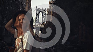 Pretty Woman at The Brooklyn Bridge in New York City at Sunrise