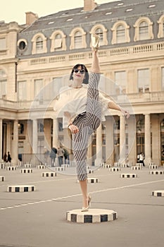 Fashion and vogue. Sensual woman with brunette hair. Woman pose on high heel shoes in paris, france. Beauty girl with