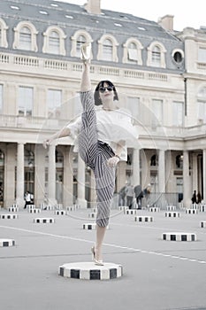 Fashion and vogue. Sensual woman with brunette hair. Woman pose on high heel shoes in paris, france. Beauty girl with