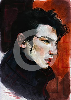 Fashion Watercolor illustration of modern Beautiful Brunette Man