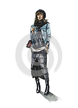 Fashion watercolor illustration of young woman in trendy outfit. Hand drawn painting of girl hipster. Street style look