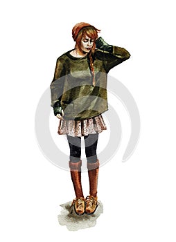 Fashion watercolor illustration of young woman in trendy outfit. Hand drawn painting of girl hipster. Street style look