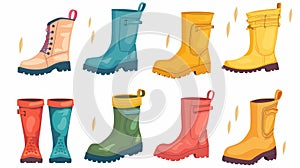 Fashion waterproof gumboots, rainwater protection footwear in trendy style. Foot wear for rainy weather. Flat modern