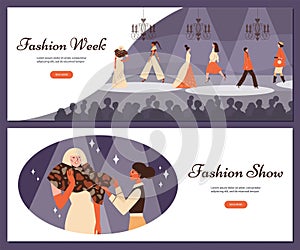 Fashion week show banners or flyers bundle with models flat vector illustration.