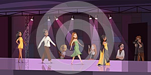 Fashion week show. Cartoon models defile catwalk in fashionable clothes, viewers take pictures and shoot, runway show photo