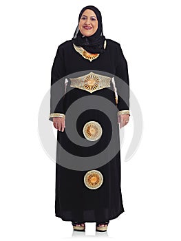 Fashion, white background and portrait of senior Muslim woman with confidence, elegance and happy attitude. Culture