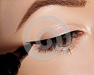 Fashion woman applying eyeliner on eyelid, eyelash. Using makeup brush, shape black line. Professional make-up artist