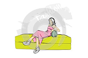 Fashion woman in a beautiful dress sitting on the sofa. Vector illustration