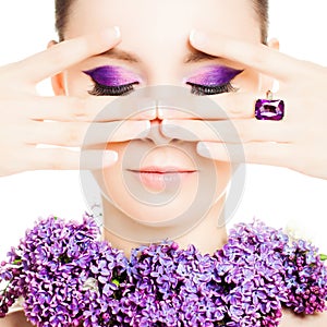 Fashion Woman. Beautiful Makeup and Manicure Nails