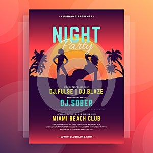 Fashion woman bikini silhouette at vivid neon sun summer beach party poster template design vector