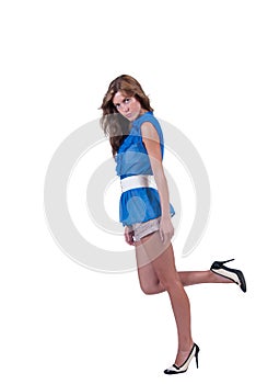 Fashion woman in blue c-thru blouse ,bra and shorts