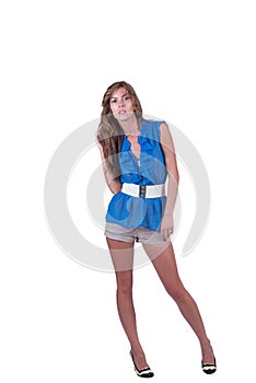 Fashion woman in blue c-thru blouse ,bra and shorts