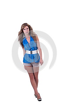 Fashion woman in blue c-thru blouse ,bra and shorts