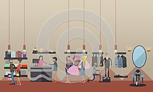 Fashion woman clothes store interior. Vector illustration. Design elements and banners in flat style.