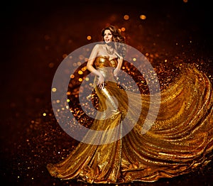 Fashion Woman Gold Dress, Luxury Girl Elegant Golden Fabric Gown