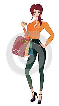 Fashion Woman with Golden Credit Card and Bags