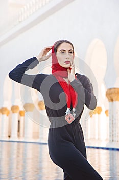 Fashion woman in grand mosque in Abu Dhabi