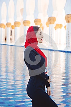 Fashion woman in grand mosque in Abu Dhabi